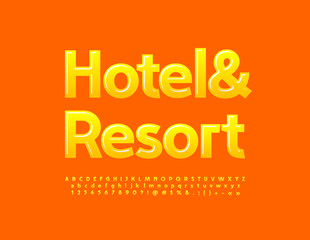 Vector artistic Emblem Hotel and Resort. Modern creative Font. Glossy Yellow Alphabet Letters and Numbers