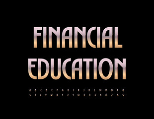 Vector stylish sign Financial Education. Elegant silver Font. Metallic chic Alphabet Letters and Numbers set