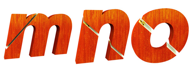 Sliced ​​apple alphabet. Letters M, N, O. Red fruit cut. Font 3D render. Save path. Fruit salad