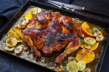 Traditional barbecue spatchcocked chicken al mattone chili with orange, lime and banana slices served as close-up on an old rustic metal tray