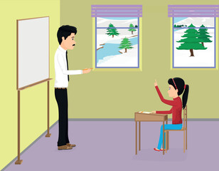 male teacher lectures to female student in class.