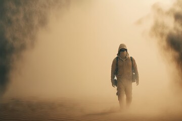  a man in a yellow jacket and a backpack walking through a desert area in the foggy day light of the day, with a tree in the distance, a dust cloud, and a. generative ai