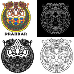 Viking Drakkar. Drakkar ship , vector illustration, isolated on black.