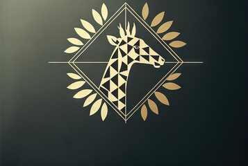  a logo for a wine company with a giraffe head in the center of the logo and a diamond in the middle of the logo, and a gold leafy design on a black background. Generative AI