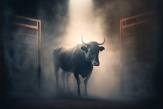 A Strong Bull Coming Out Of The Fog, Dramatic Lighting, Stock Market Bull Run Concept