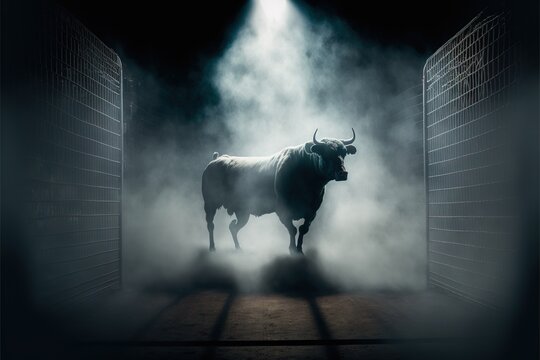 A Strong Bull Coming Out Of The Fog, Dramatic Lighting, Stock Market Bull Run Concept