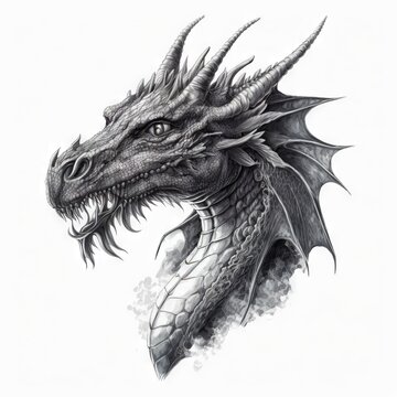 a drawing of a dragon with its head turned to the side and its eyes open, with a long tail and sharp sharp teeth,  generative ai