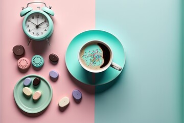  a cup of coffee and a plate with cookies and a clock on a pink and blue background with a pink and blue background and a blue plate with a cup of cookies and a blue. Generative AI