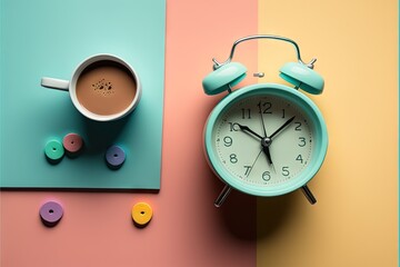  a clock and cup of coffee on a colorful background with a pastel color scheme and a pastel background with a pastel color scheme and a coffee cup and a pastel color scheme. Generative AI