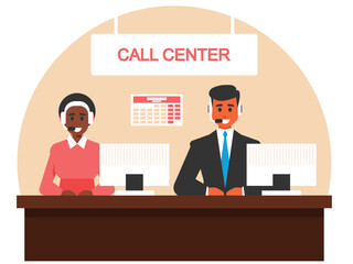 Call center. Customer service, hotline operators consult customers with headsets on computers, 247 global online technical support, call processing system. Vector graphics