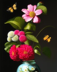 Bouquet of flowers, Flowers and Butterfly, Ceramic Vase with Flowers, Flowers on black, Colorful Flowers on dark background, made with Generative AI