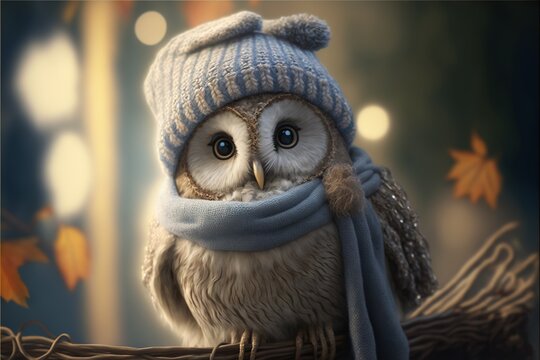  a painting of an owl wearing a blue scarf and a hat with a pompom on it's head and a scarf around its neck, sitting on a branch with leaves and lights in the background. Generative AI