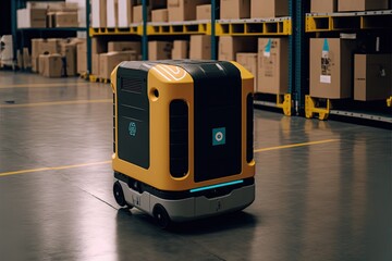 Future of Logistics: Industrial Robot in a Warehouse Automating Package Sorting and Picking, Generative AI
