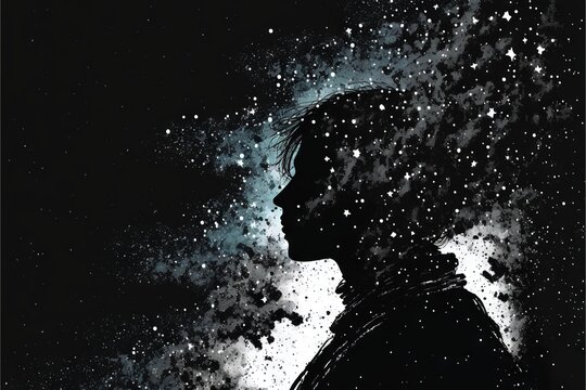  a man is looking at the stars in the sky with a black background and a white outline of his head and neck, and a black background of the stars is black and white,. , generative ai