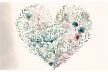  a heart shaped arrangement of flowers and leaves on a white background with a pink and blue background and a green border around the heart shape of the flowers and leaves and foliages. Generative AI