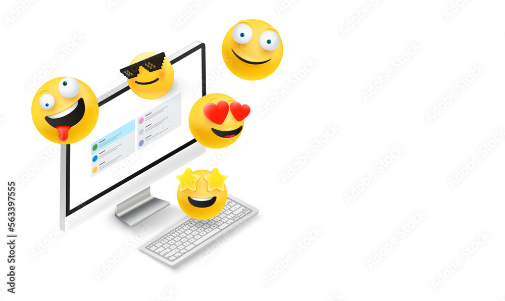 Poster poster template with computer, emojis and copy space. isometric vector illustration with pc