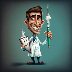  a cartoon doctor holding a syosh and a clipboard with a smiley face on it, and a smile on his face, holding a clipboard with a therment in his hand.