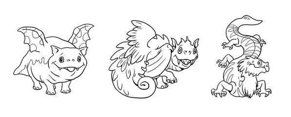 Cute dragons for coloring. Template for a coloring book with funny dragon. Coloring page for kids.	