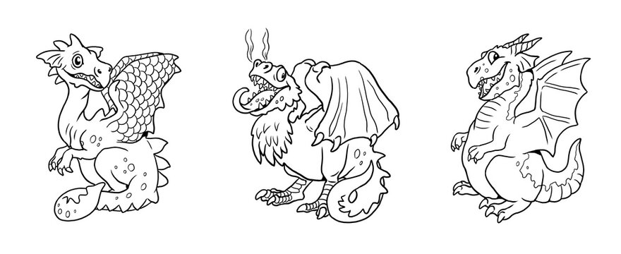 Cute dragons for coloring. Template for a coloring book with funny dragon. Coloring page for kids.	