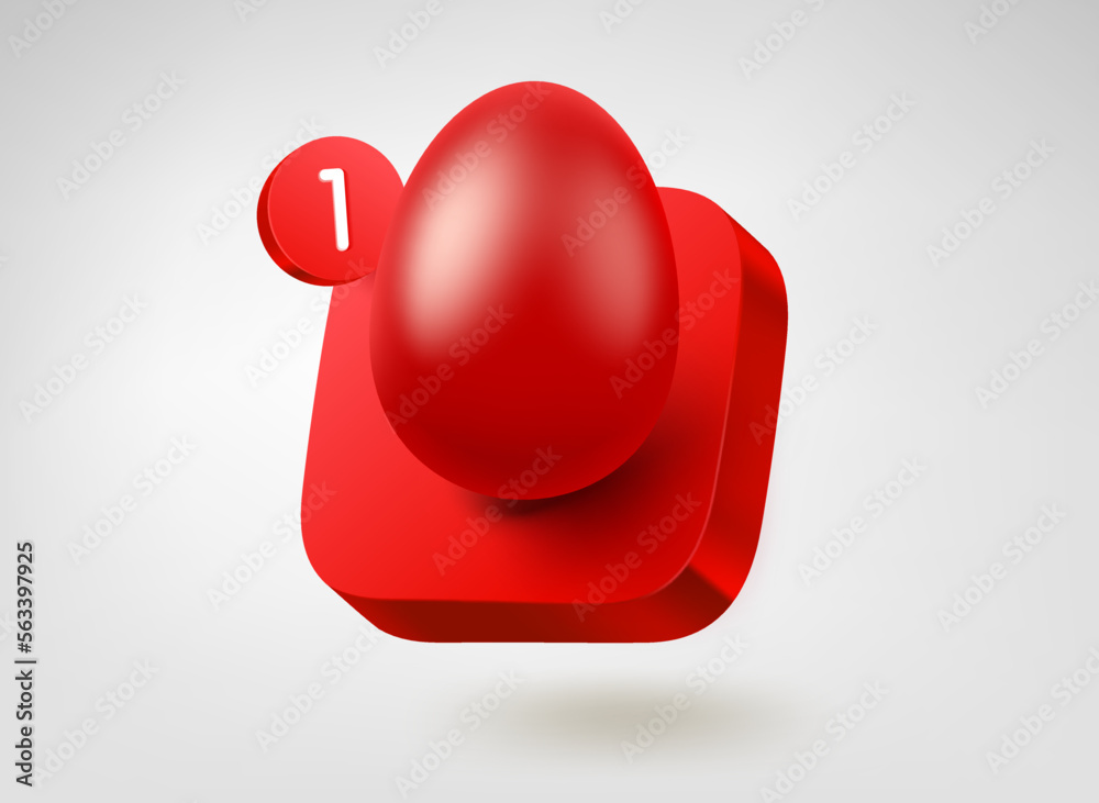 Poster Red easter egg on red button. 3d vector mobile application icon