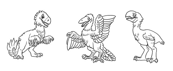 Cute dinosaurs utahraptor, archaeopteryx and titatnis for coloring. Template for a coloring book with funny dinosaur. Coloring page for kids.