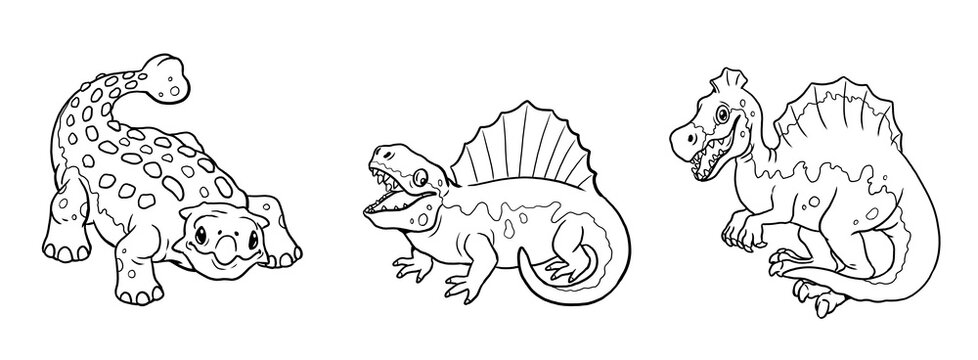 Cute dinosaurs ankylosaurus, spinosaurus and dimetrodon for coloring. Template for a coloring book with funny dinosaur. Coloring page for kids.