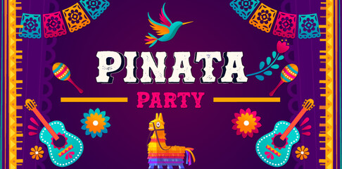Bright colorful donkey pinata isolated on white. Mexican Fiesta banner and poster design with donkey pinata, flowers, decorations