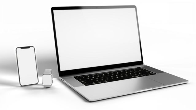 Blank screen - mockup of Laptop, smartphone, smartwatch isolated on white background high quality details -3D rendering - Powered by Adobe