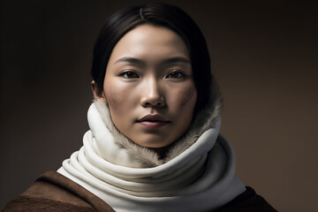 Close-up portrait of a beautiful young Inuit woman on a brown background, not based on a real person, Generative AI - obrazy, fototapety, plakaty