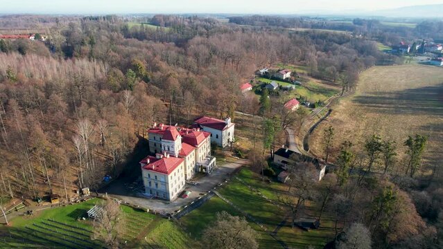 Park pałacowy w Kończycach Wielkich na Śląsku w Polsce zimą z lotu ptaka