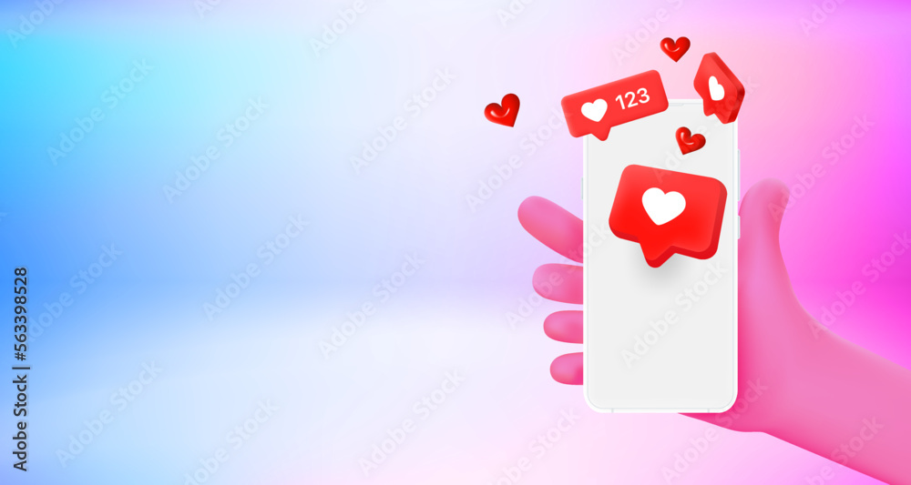 Poster receiving reactions via social media on smartphone. 3d vector banner with copy space