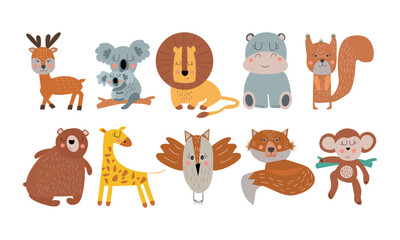 Big vector set with animals in cartoon style. Vector collection with mammals on a children's theme.