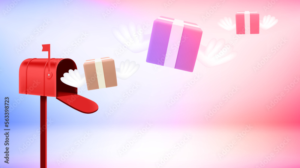 Poster postage delivery flying to the mail box. 3d vector banner with copy space