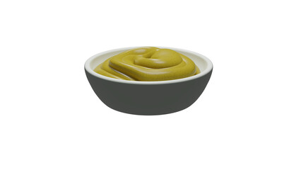 Mustard yellow sauce in a white ceramic bowl isolated on transparent background. Minimal concept. 3D render
