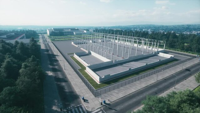 Time lapse of a large logistics warehouse. Construction of a large warehouse. 3d animation