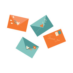 Post card and envelope set. Isolated hand-drawn postal cards and envelopes with post stamps. Modern collection of love and friendship letter designs. Vector illustrations for web and print.