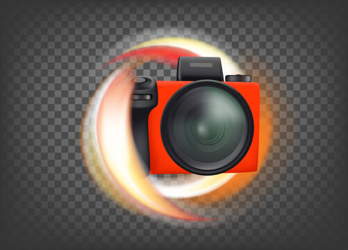 Flaming digital photo camera icon isolated on trandparent. 3d vector icon with fire effect  