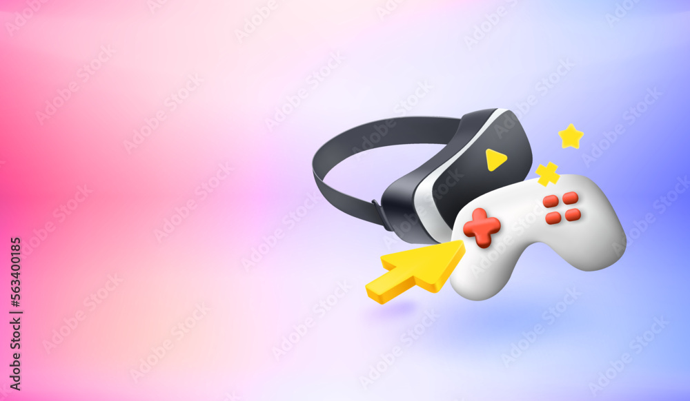Aufkleber Modern video game joystick with VR mask. 3d vector banner with copy space