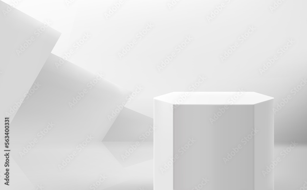 Poster empty white studio with podium. vector 3d illustration