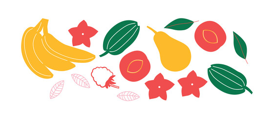 Cute appetizing Fruits and berries collection. Decorative abstract horizontal banner with colorful doodles. Hand-drawn modern illustrations with Fruits and berries, abstract elements.