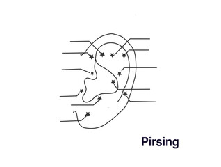 EAR PIERCING. Vector. Hand-drawn ear with popular ear punctures. Poster design of a tattoo salon