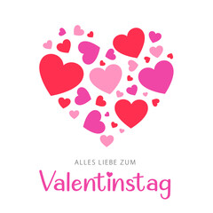 Happy Valentine's Day lettering in German with colorful hearts. Modern card design. Vector illustration	