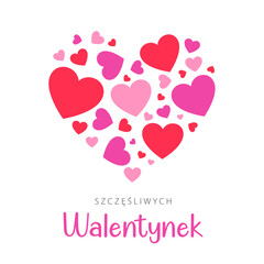 Happy Valentine's Day lettering in Polish with colorful hearts. Modern card design. Vector illustration	