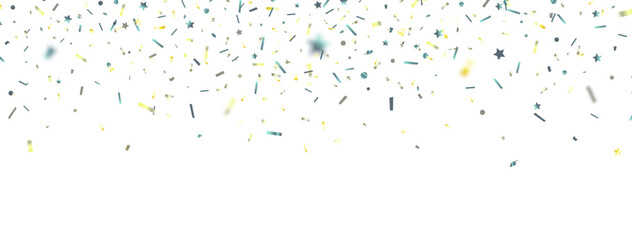 Confetti gold and blue banner. Serpentine particle paper texture. Carnival party tinsel. Happy birthday background. Surprise falling gift. Anniversary celebration. Glitter sparkle.Vector illustration