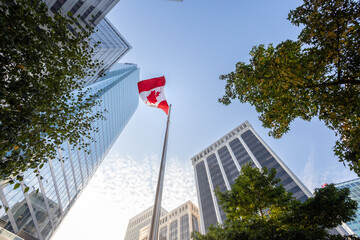 Corporate office building, Canadian flag waving, downtown business district, high rise skyscraper,...