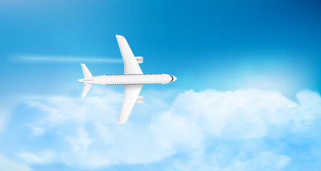 Fototapeta na wymiar Flying modern airplane top view flying in cloudy sky. Air travel concept. 3d vector illustration