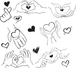 Hands with Hearts in Black and White Colors. Vector Illustration.