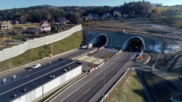 Newly opened tunnel on Zakopianka highway in Poland in November 2022. The tunnel is 2 over km long and makes travel from Krakow to Zakopane, Podhale region and Slovakia much faster. Old road above