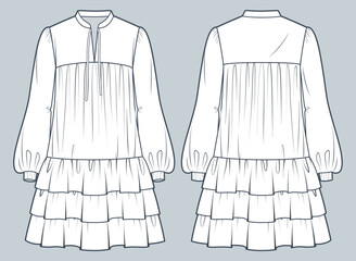 Tiered Mini Dress technical fashion illustration.  Ruffled Dress fashion technical drawing template, frill details, long sleeve, collar, oversize, front and back view, white color, women CAD mockup.