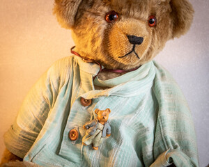 Alter Pl&uuml;sch-Teddyb&auml;r mit treuen Knopfaugen in gr&uuml;n-pastelligem Hemdkleid.